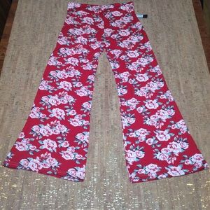C-mode Elastic Pants Wide leg, Red With Rose print